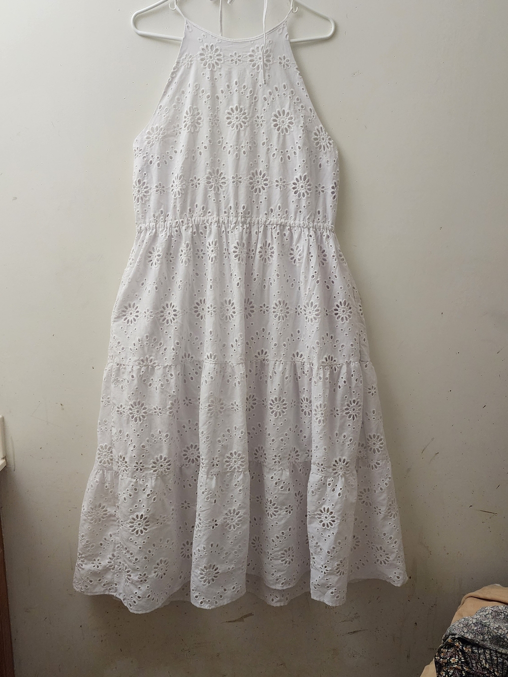Tried & Tru L White Eyelet Lined Tiered Halter Dress Cottagecore Ethereal Boho